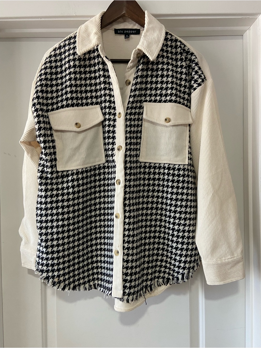 Blu Pepper Cream & Black Corduroy Houndstooth Utility Shacket - Picture 2 of 6